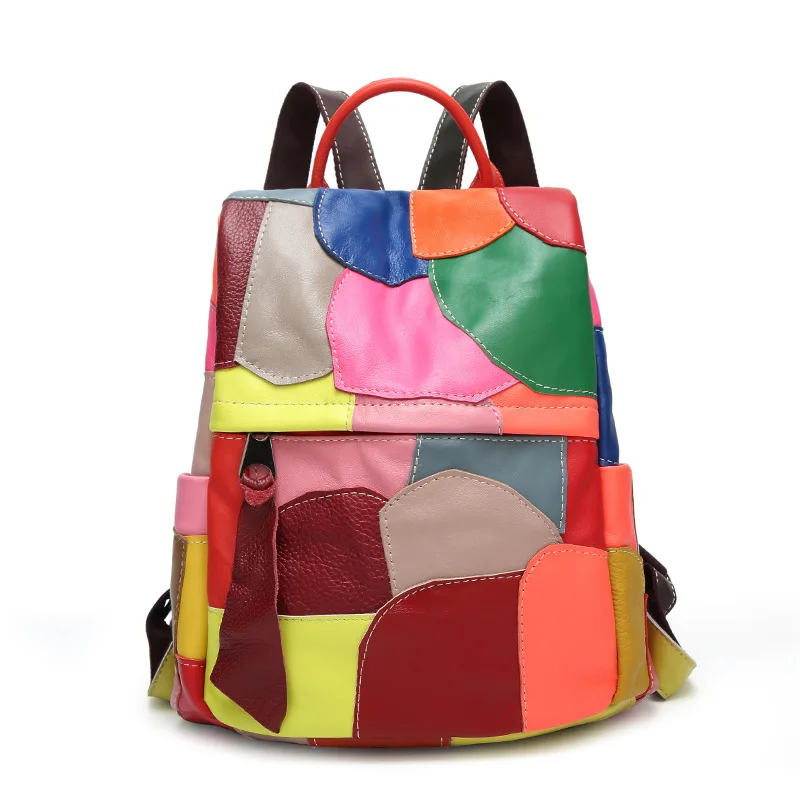 fashionable-spliced-color-block-genuine-leather-women's-backpack-anti-theft-large-capacity-trendy-shoulder-bag-for-travel
