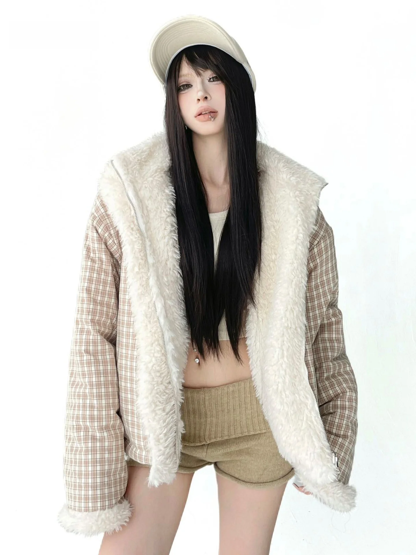 

Plaid Cotton Jaet Women's Double-Sided Wear Loose Design Winter New Sle Fluffy Outerwear Sweet Sle Thiened Long Sve