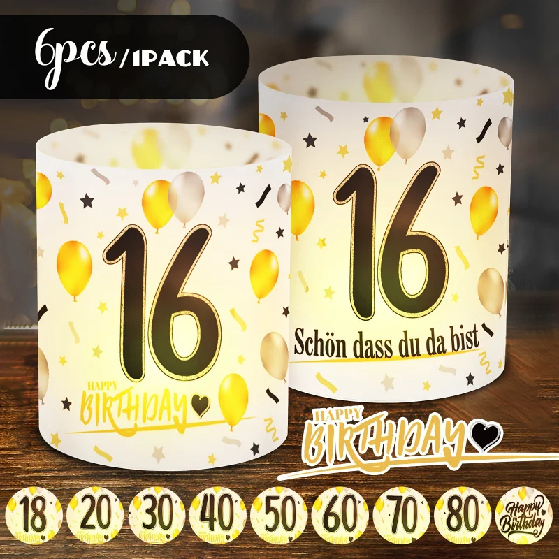 6 pcs. Black Gold Birthday Table Lamp Shades - Battery-Free Decorative Plastic Covers with Balloons - view 4