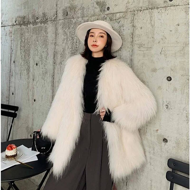 女性用ミドル丈ミックスファーコート、ファッショナブルでスリムなコットン裏地付き