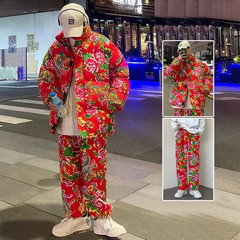 

Northeast Big Flower Coat Set Men's Winter Couple Large Size Cotton Clothes Traditional Retro Jaet Peony Flower Internet Fa...