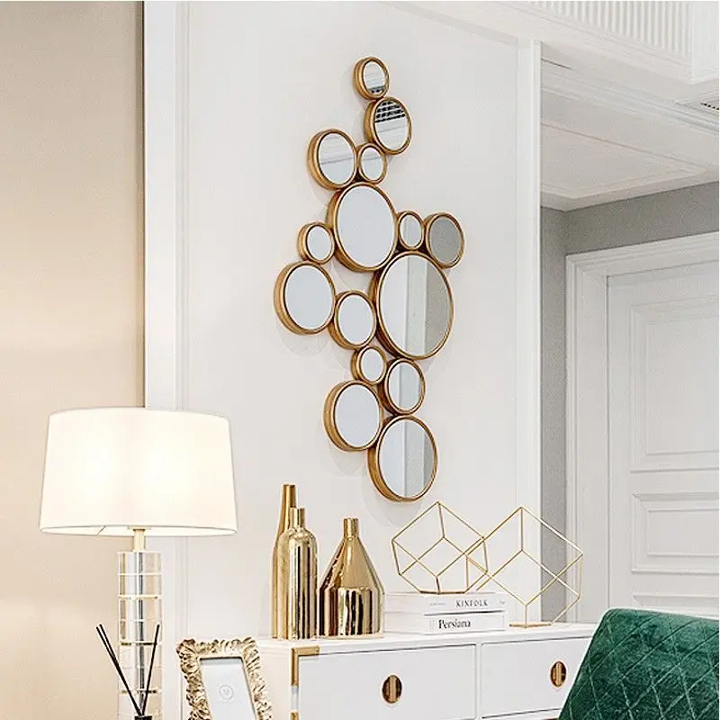 Vintage Gold Multi-circle Wall Mirror, Ornate Metal Frame Accent Mirror for Sofa Background Wall Art Decoration