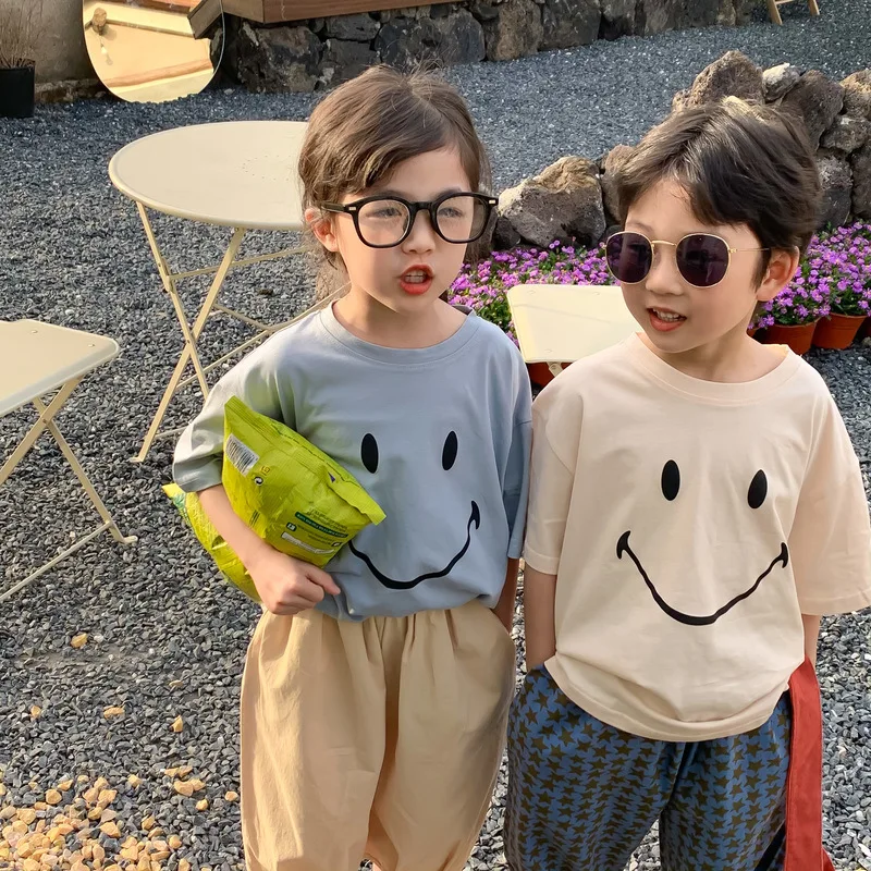 

Summer Unisex cartoon printed shorts sleeve T shirts Boys Girls cotton loose 4 colors Tops 1-7Y