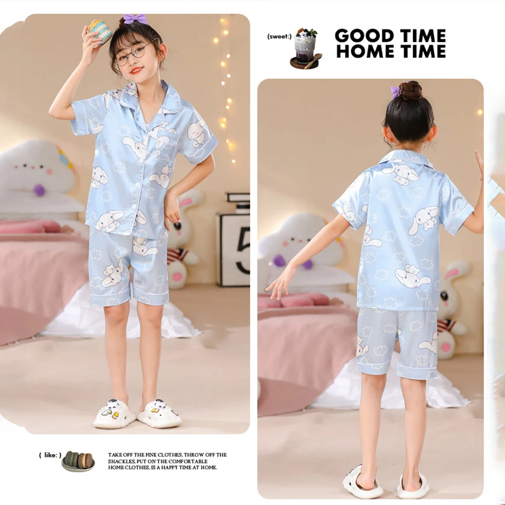 Kids Summer Nightwear Pajamas Sanrios Cinnamoroll Kuromi Kawaii Short Sleeved Shorts Anime Cartoon Boys Girls Ice Silk Home Wear