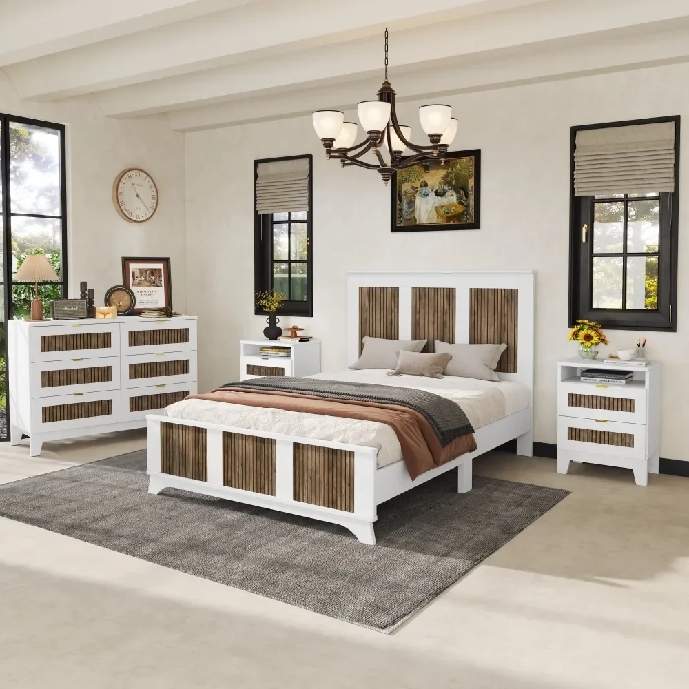 4-piece Set, Full-size Farmhouse Platform Bed with Wooden Strip Decoration, Storage Bedside Table and Dressing Table