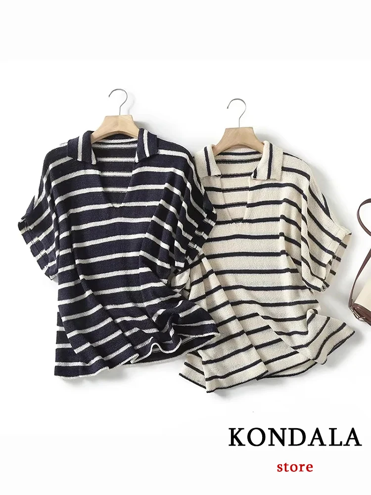 

KONDALA Chic Casual Striped Oversized Commute Short Sleeve V Neck Women T-Shirt Fashion 2023 Summer Sporty All Match Loose Top