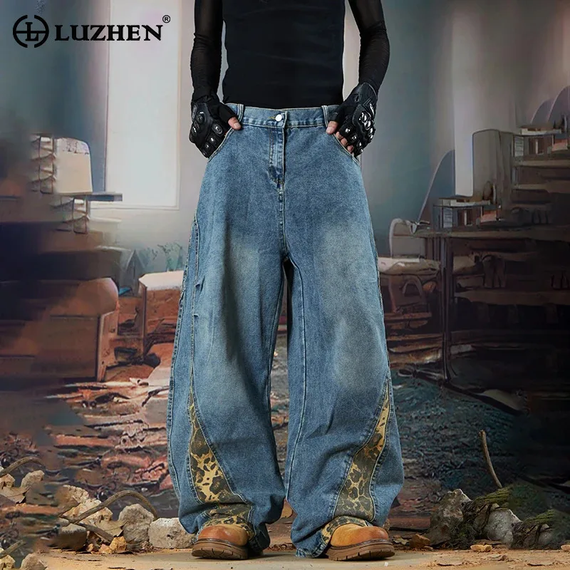 LUZHEN Print Original Wide Leg Splicing Leopard 2026 New Design Denim Pants Men's Trendy Street Loose Casual Male Jeans JY8551