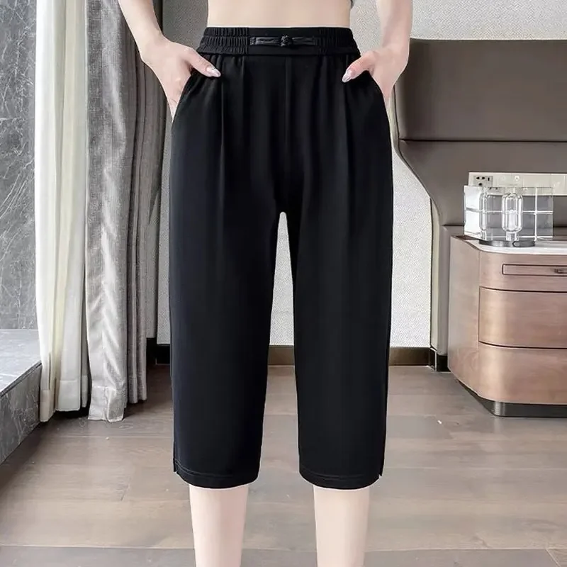Basic zomer dunne harembroek effen kleur casual split hoge taille elastische dameskleding chique Chinese schijfbroek
