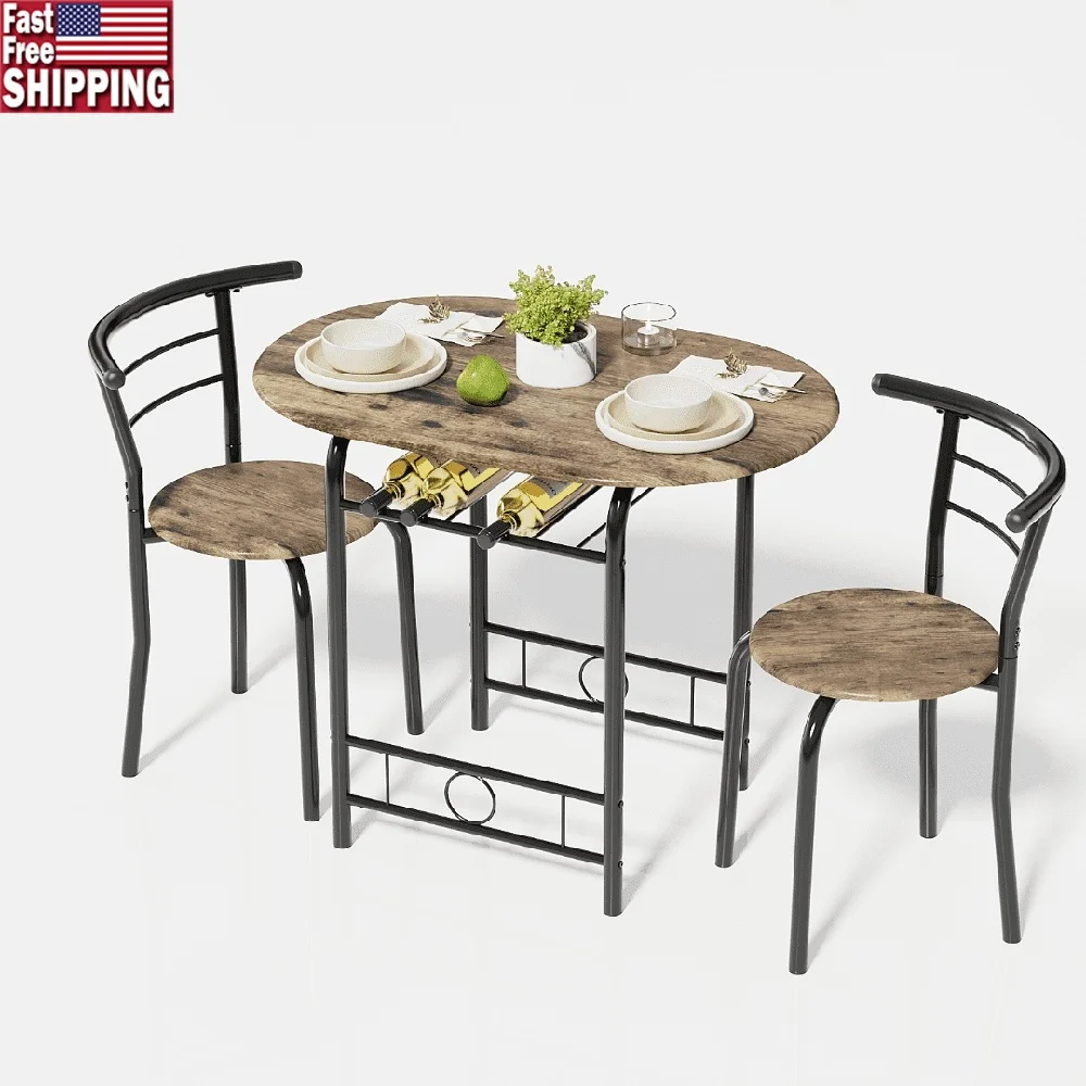 

3 Piece Dining Set Space Saving Wooden Table and Chairs with Wine Rack Ideal Kitchen Balcony and Small Spaces