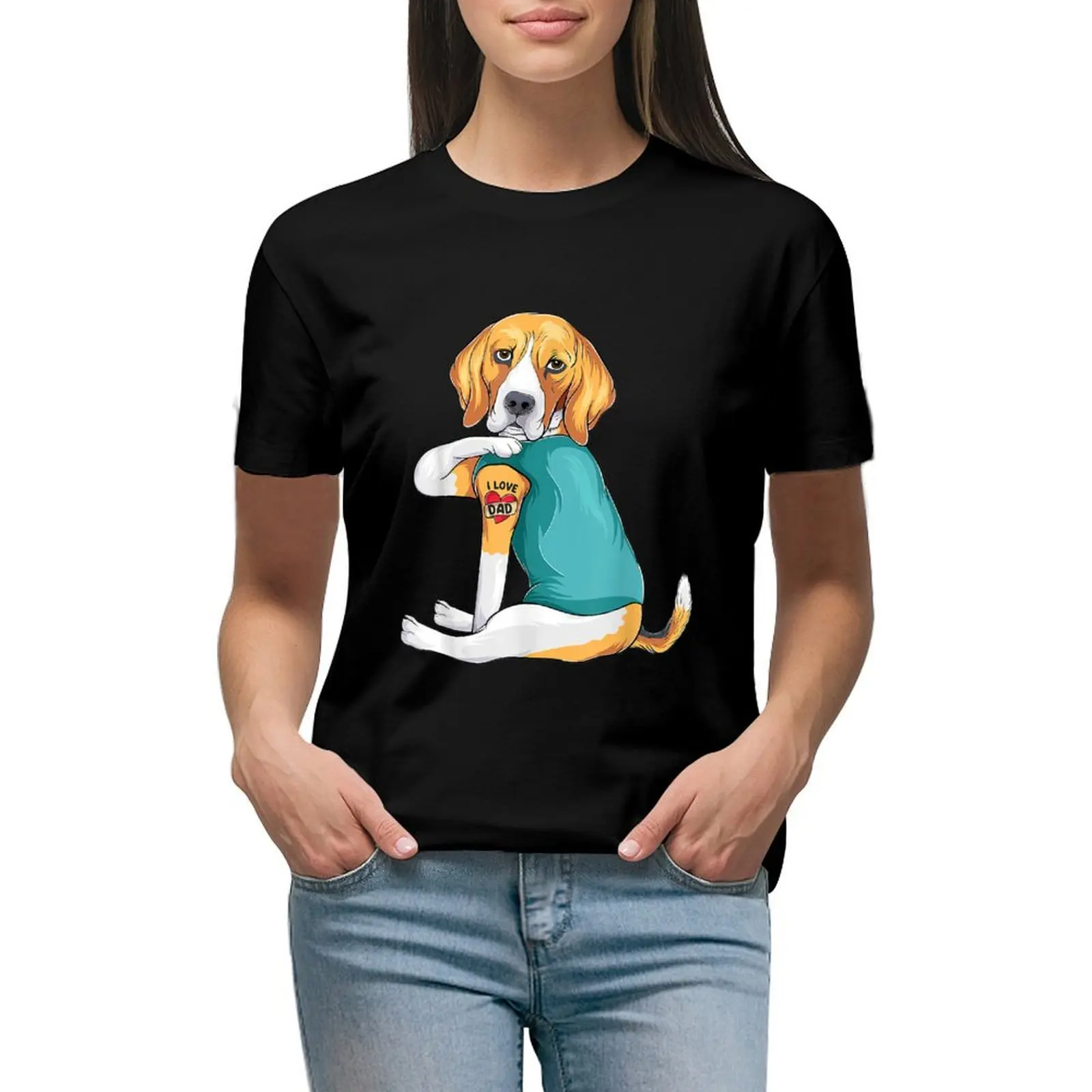 

Father's Day gift funny dog Dad Beagle i love Dad tattoo T-shirt Blouse tops t shirts for Women