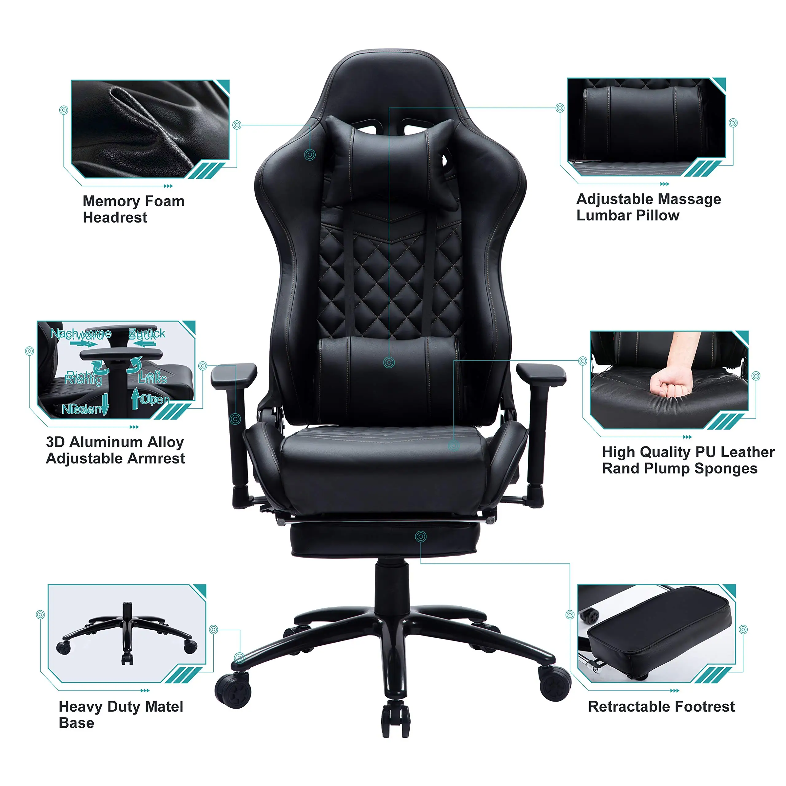 Heavy Duty Gaming Chair with Footrest and MassageHigh Back Racing Computer Chair with Adjustable Linked Armrest, PU Leather