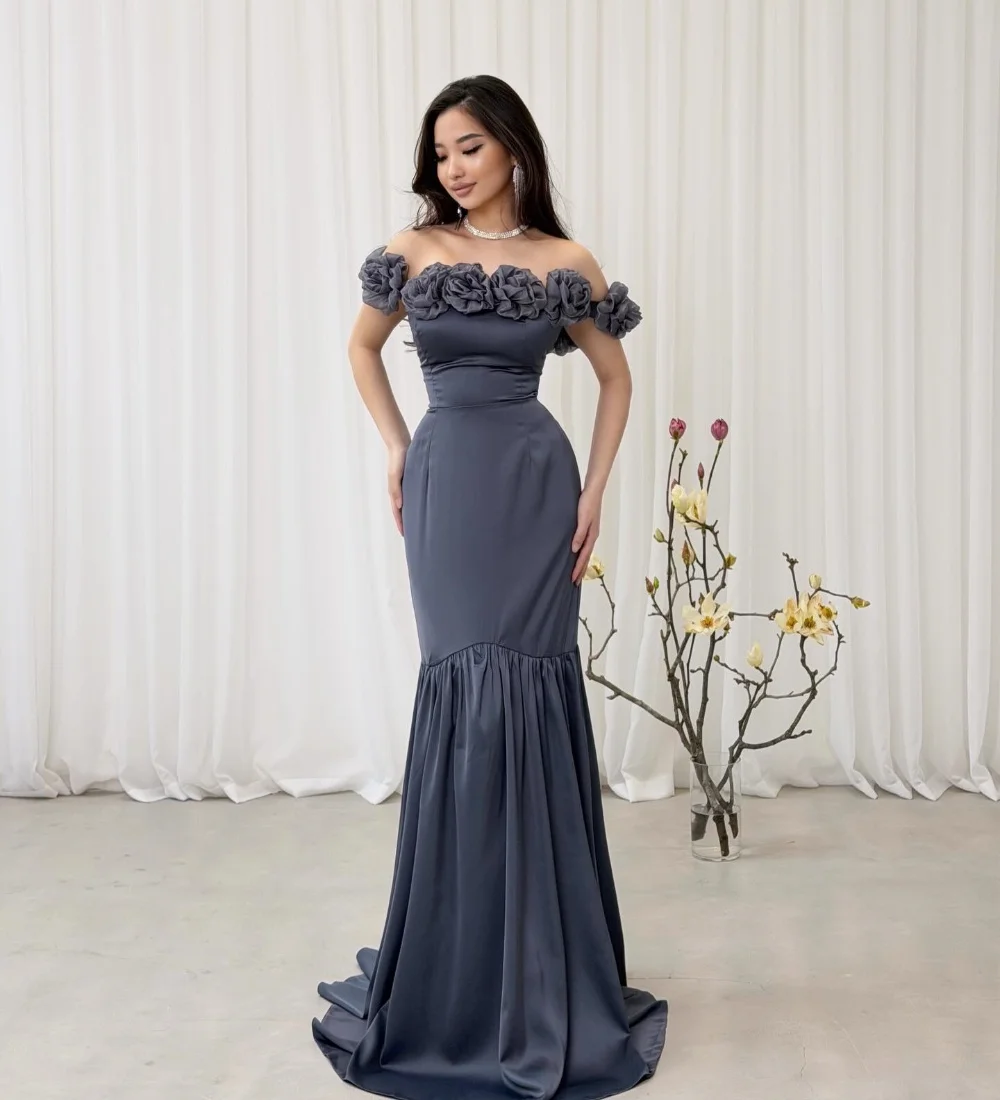 

Customized Modest Fashion Handmade Flower Pleat Ruched Mermaid Off-the-shoulder Floor-Length Evening Dresses for Woman