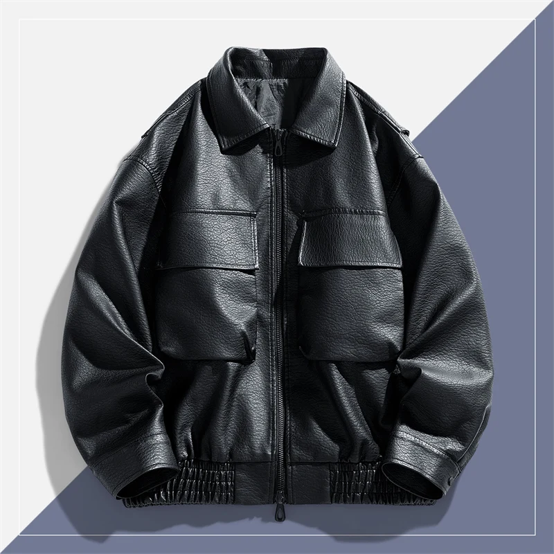 

New style lapel leather jacket for men, suitable for spring and autumn, windproof and durable canvas jacket