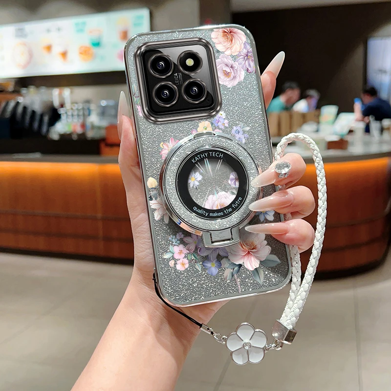 

14 Beautiful flowers Plating Bracelet Holder Phone Case For Xiaomi 15 15Pro 14 13Pro 14T 13 14Pro 12 12T 11 12Pro 11T 11i Cover