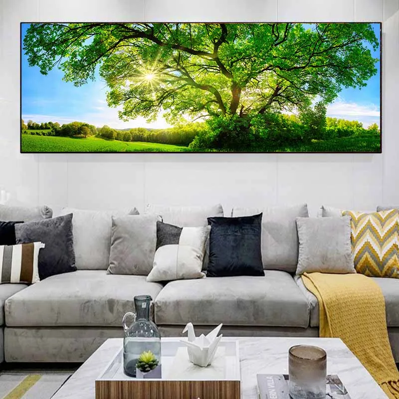 المشهد الأخضر الأصفر شجرة الغابات قماش اللوحة أشعة الشمس الملصقات و يطبع جدار صور غرفة المعيشة ديكور المنزل لا الإطار