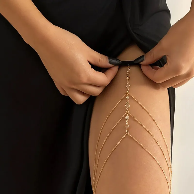 Women Summer Sexy Tassel Multilayer Adjustable Elastic Band Crystal Thigh Chain Body Jewelry Dress Decorate