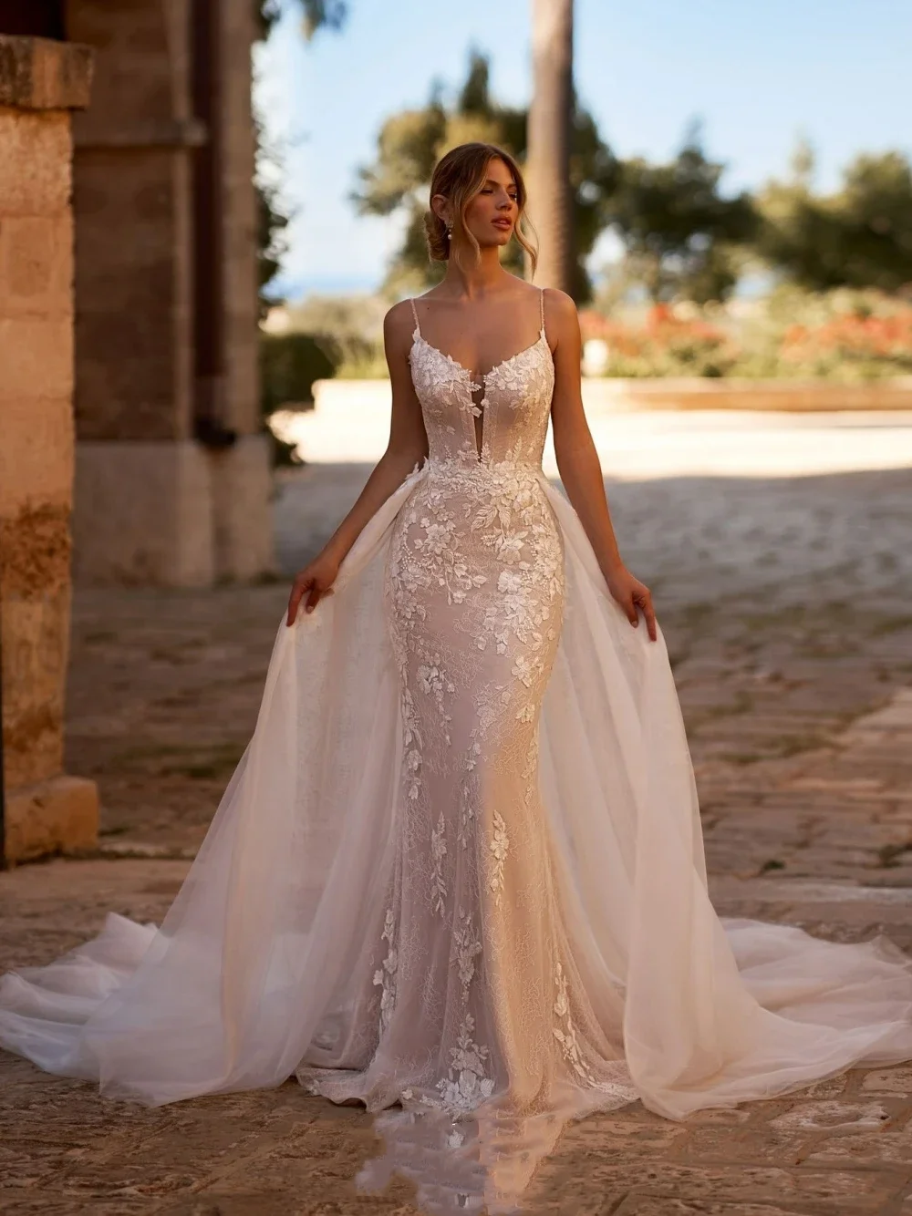 

Свадебные платья русалки со съемными бретельками по индивидуальному заказу, свадебное платье с v-образным вырезом и аппликацией, женское платье из тюля со шлейфом, Vestidos De Novia