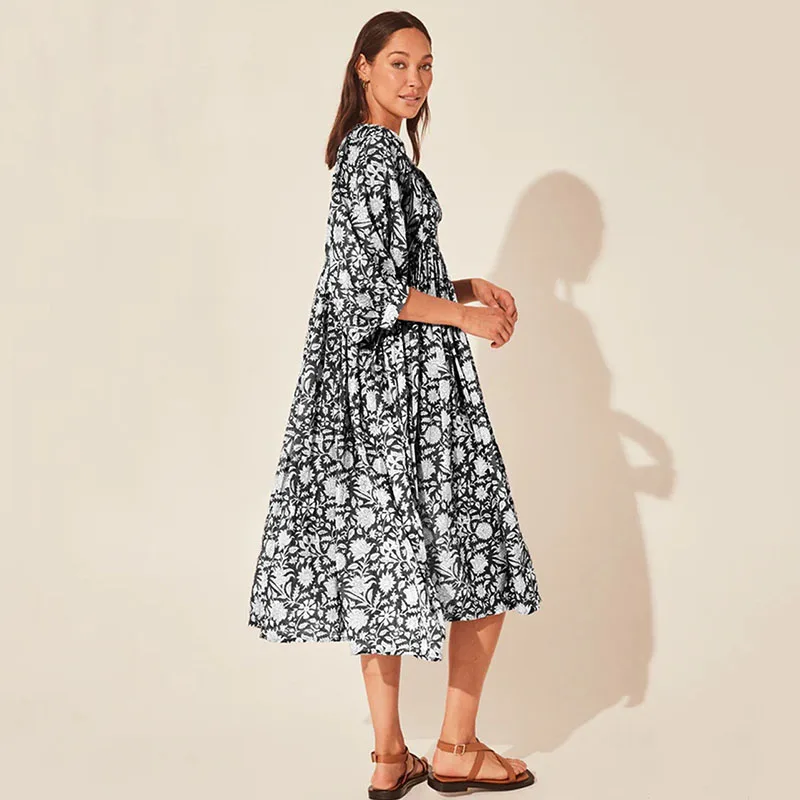 Boho Style Vintage Floral Long Dress Women Fashion Streetwear Puff Sleeve Patchwork Pleated Dresses Casual Vacation Beach Dress