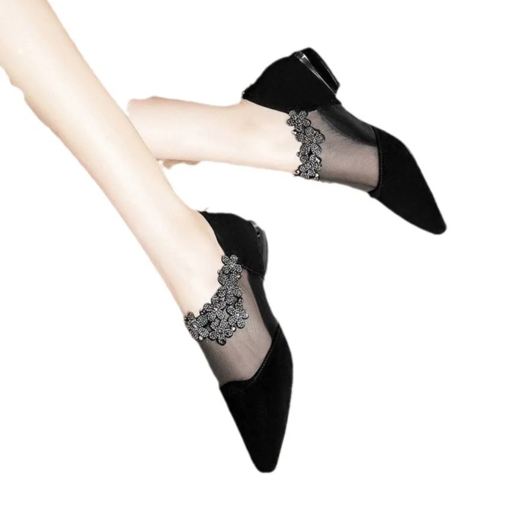 

Female Water Design Pointed Shoes Single Shoes Bright Drill Mesh Boots Pointed Toe Back Zip Fashion Sandals Office Wear