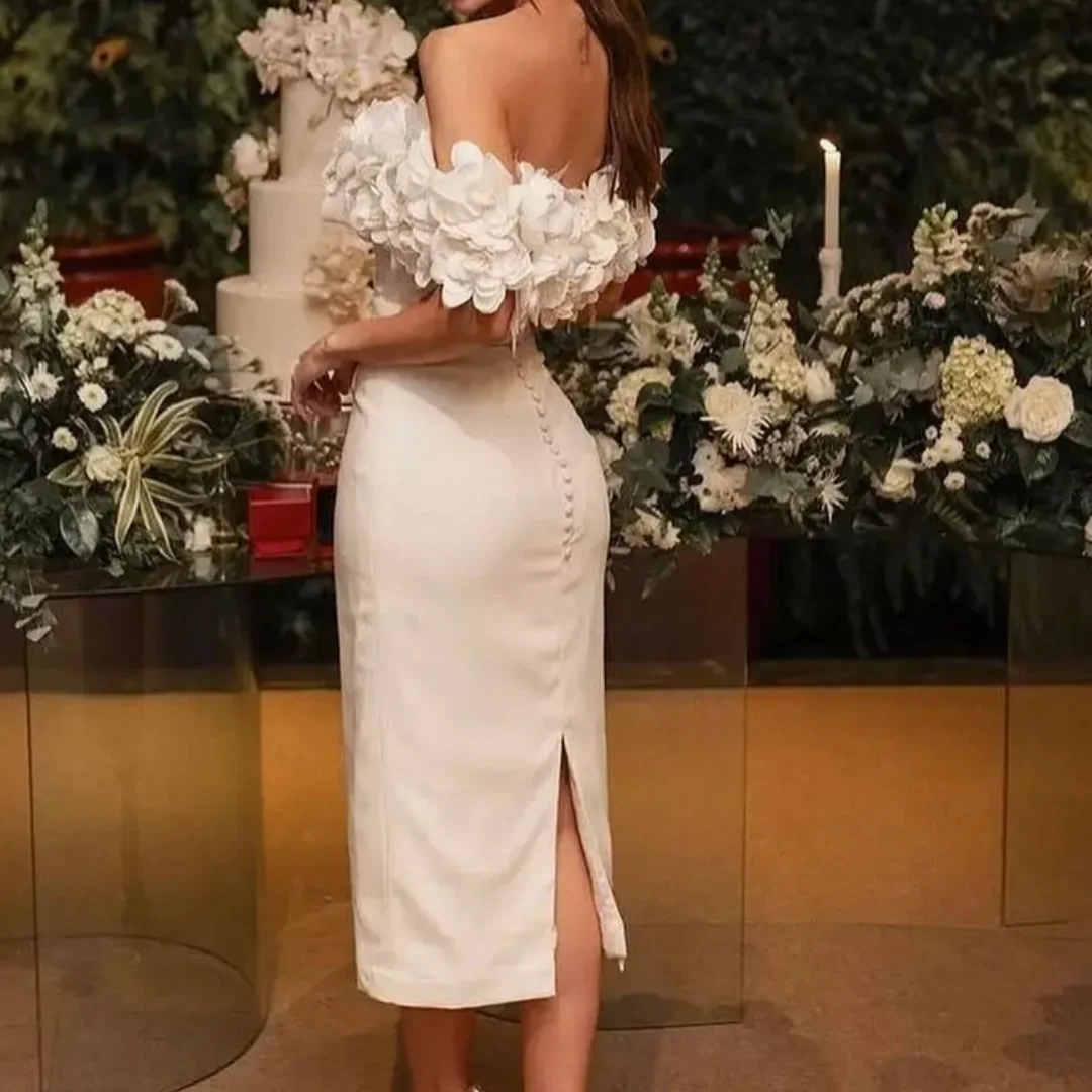 Robe de soirée élégante à fleurs florales 3D, gaine extensible, pour occasions spéciales, épaules dénudées, longueur thé, robe de bal