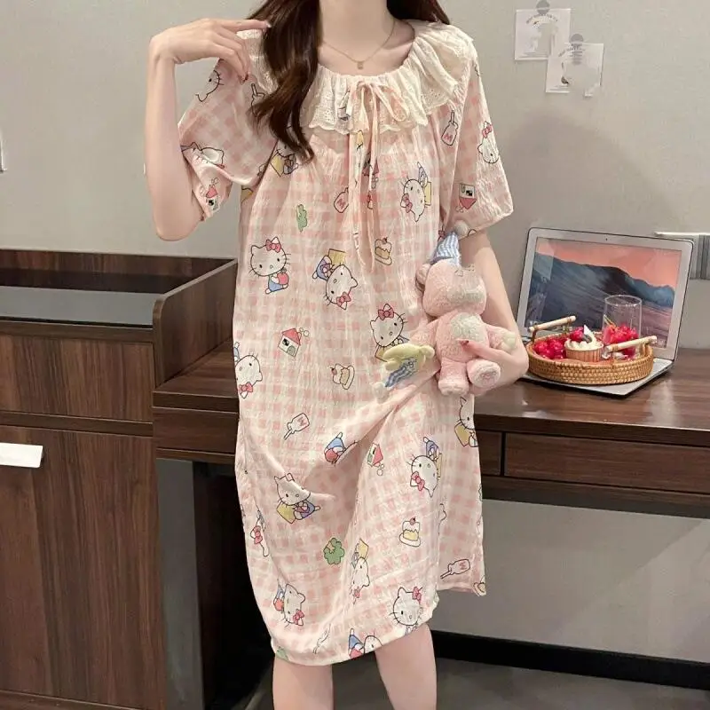 

Sweet and Lovely Princess Short Sleeved Nightgown Summer Cartoon Student Lace Fashionable Home Clothes Comfortable and Softs