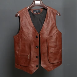 BONJEAN-Chaleco de cuero para motociclista para hombre, prenda ajustada de cuero genuino de vaca marrón Real, talla L-8XL, novedad