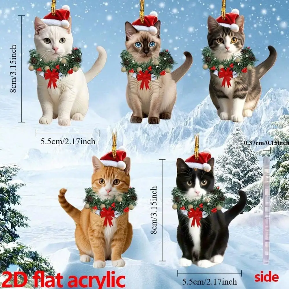 5PCS 2D Flat Acrylic Christmas Pendant Cat Xmas Wreath Bag Charm Pendant Car Hanging Ornament Funny Home Christmas Decoration