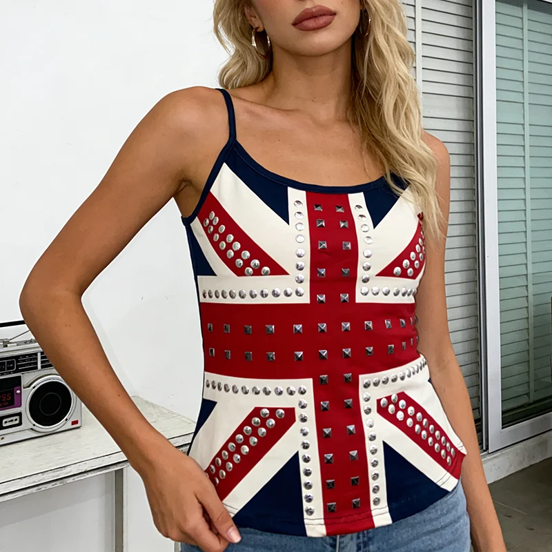 New Y2K Spicy Girl Style National Flag Rivet Strap Tank Top Sexy Slimming Look Slim Outerwear Inner Sleeveless Top