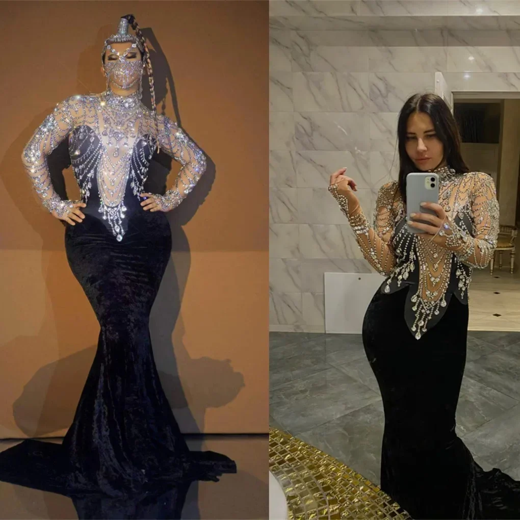 Glister Rhinestone Velvet Mermaid Dress For Women Evening Vintage Style Bachelor Party Banquet Stage Costumes Birthday Outfit