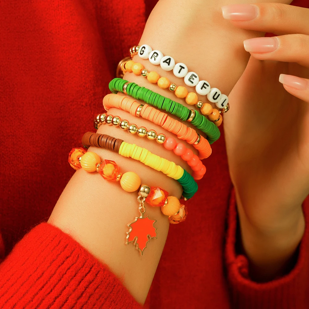 

Simple Thanksgiving Maple Leaf Pumpkin Turkey Bracelet Autumn Harvest Orange Rice Bead Polymer Clay Alphabet Bracelet Set