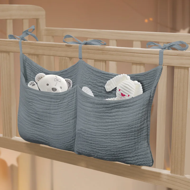 Double Layer Pure Cotton Baby Bedside Storage Bag, Double Pocket Baby Stroller Hanging Bag