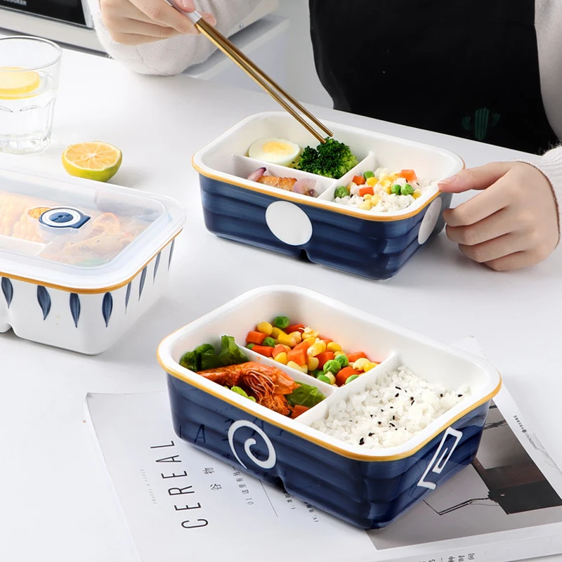 Japanese-style Ceramic Separated Lunch Box Rectangular with Lunch Box Microwave Heating Lunch Box with Lid Storage Box Tableware