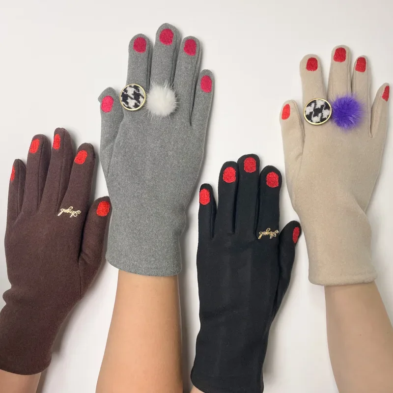 

Cute Paint Nails Embroidery Gloves for Women Autumn Winter Plush Lining Touch Screen Bicolor Funny Gloves Gift Female