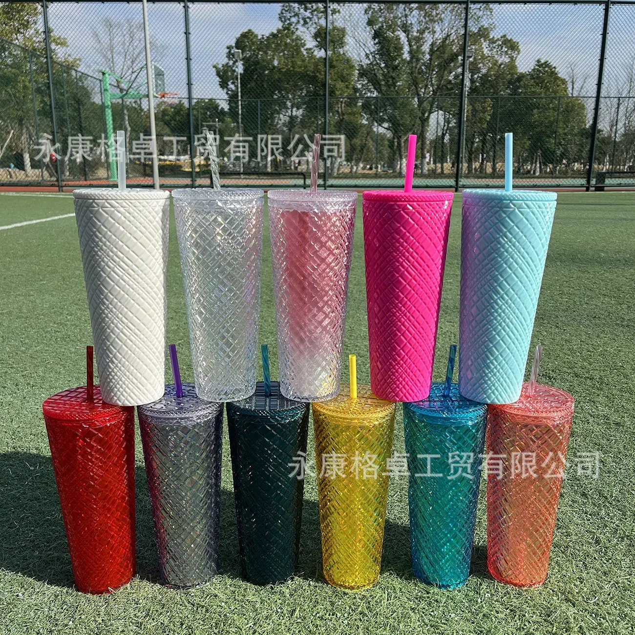 710ml Diamond Radiant Straw Cup with Lid Summer Cold Water Cup Tumbler with Straw Double Layer Plastic Durian Coffee Mug Gourde