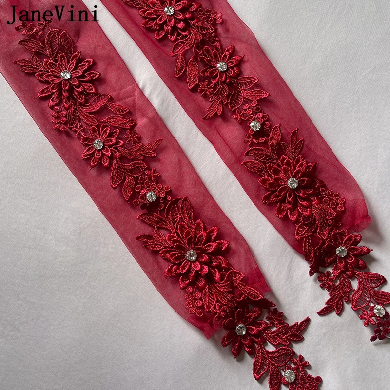 JaneVMini Appliqued Lace Gloves para mulheres, vinho vermelho, noiva frisada, tule, longo, luvas de casamento nupcial, Borgonha, sem dedos, noiva