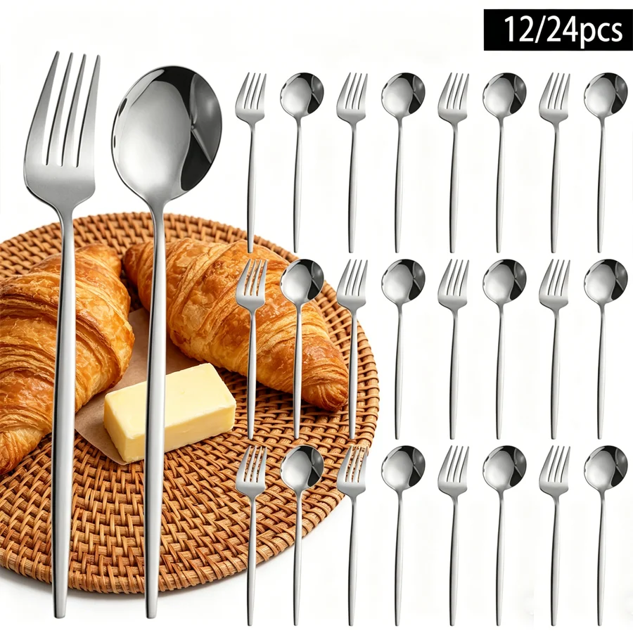 Juego de cubiertos de acero inoxidable plateado de 12/24 piezas, que incluye tenedores para la cena, cucharas y cucharas para postre, adecuado para cenar en casa, di