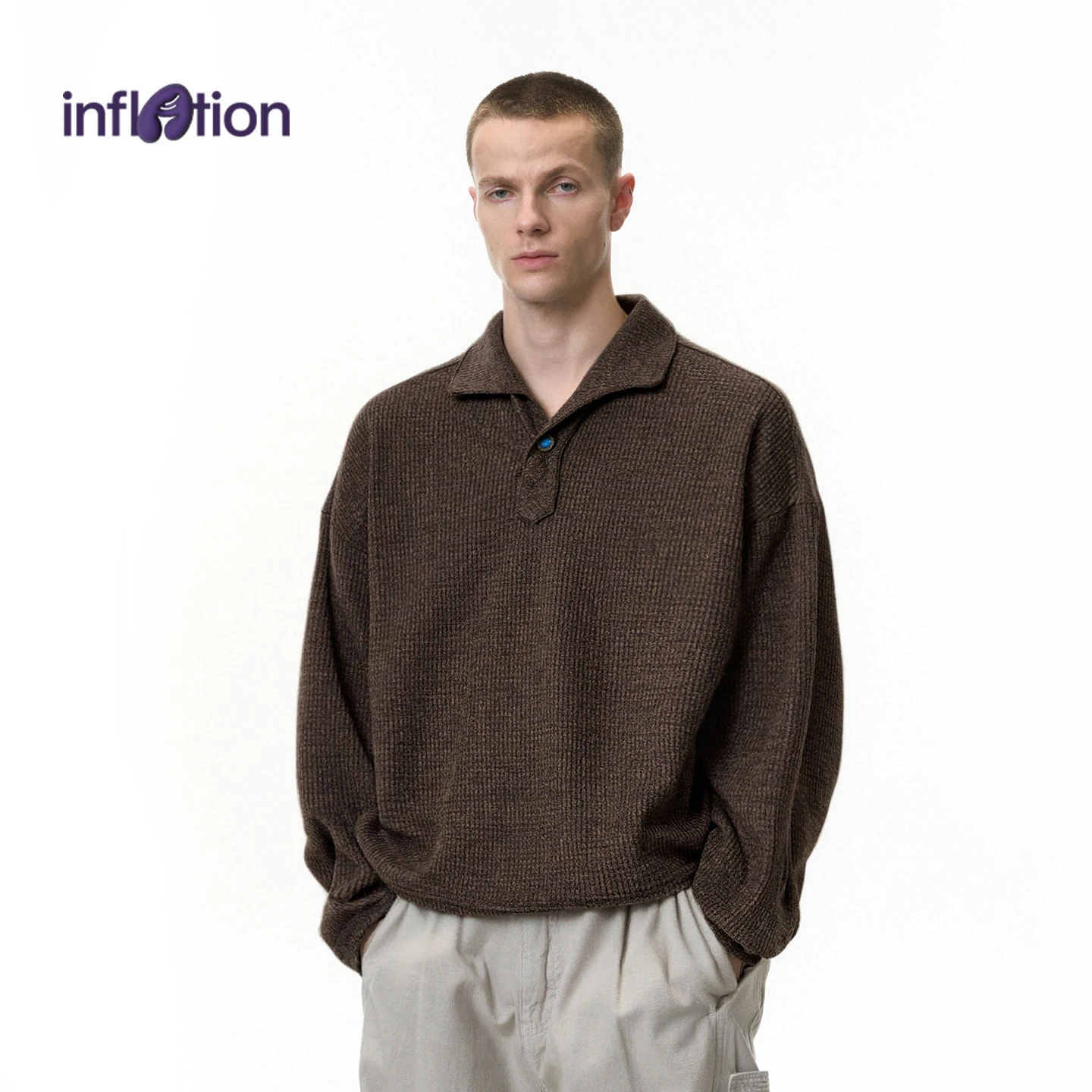 

INFLATION Мужская осенняя рубашка-поло в итальянском стиле Old Money, винтажная повседневная футболка свободного покроя с длинными рукавами