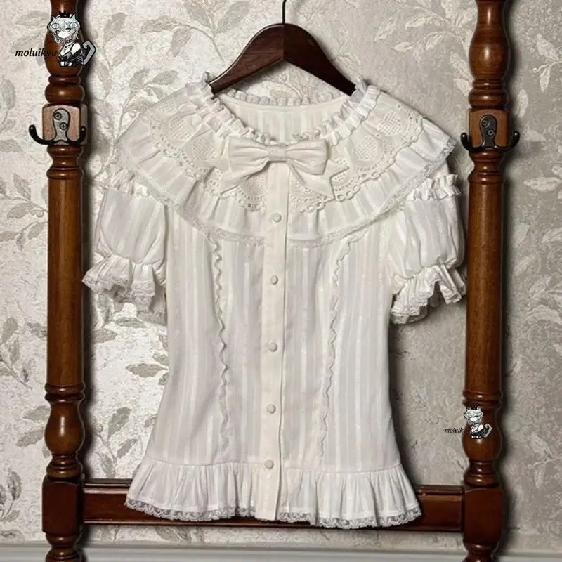 

Cute Japanese Lolita Bow Shirt Subcultural Kawaii Shirts Peter Pan Collar Lace Short Sleeves Blouse Casual Inside Fashion Tops