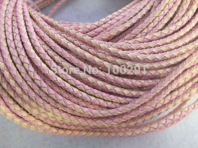 50 M High quality natural 3mm Mixed pink and natural braided geunine leather cord MN-3258