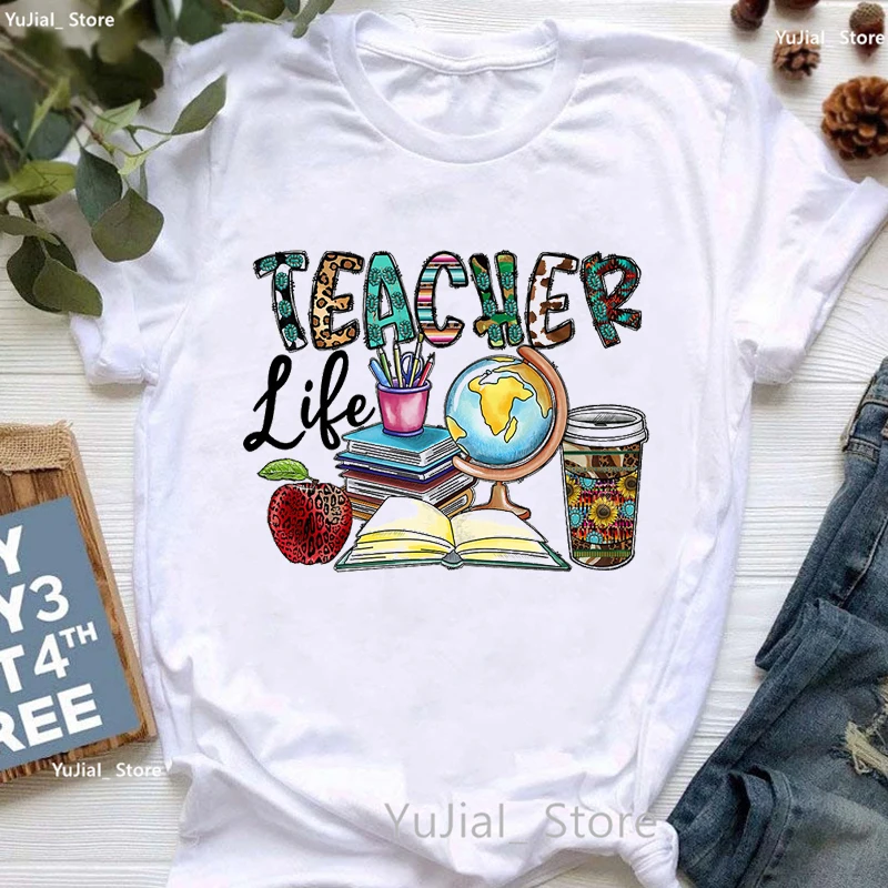 

Teaher Life Graphic Print Tshirt Girls Merry Christmas Book Tea Globe T Shirt Women Harajuku Shirt Leopard Apple Female T-Shirt