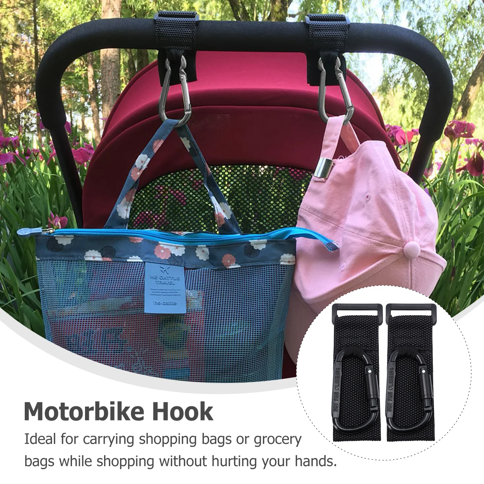 Gancho ajustable para motocicleta, colgador giratorio de 360 grados para cochecito, bolsa de guardería, organizador de almacenamiento con Clip para cochecito, 2 uds.