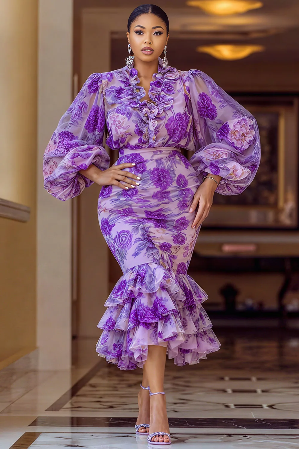 

Plus Size Cocktail Party Purple Floral V Neck Lantern Sleeve Long Sleeve Ruffle Elegant Mermaid Two Piece Skirt Sets