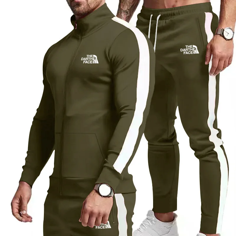 ชุดกีฬาผู้ชายฤดูใบไม้ร่วงและฤดูหนาวเยาวชนพิมพ์ Mountaineering Running Fitness 2 ชิ้น Street Zipper หลวมชุดกีฬาผู้ชาย