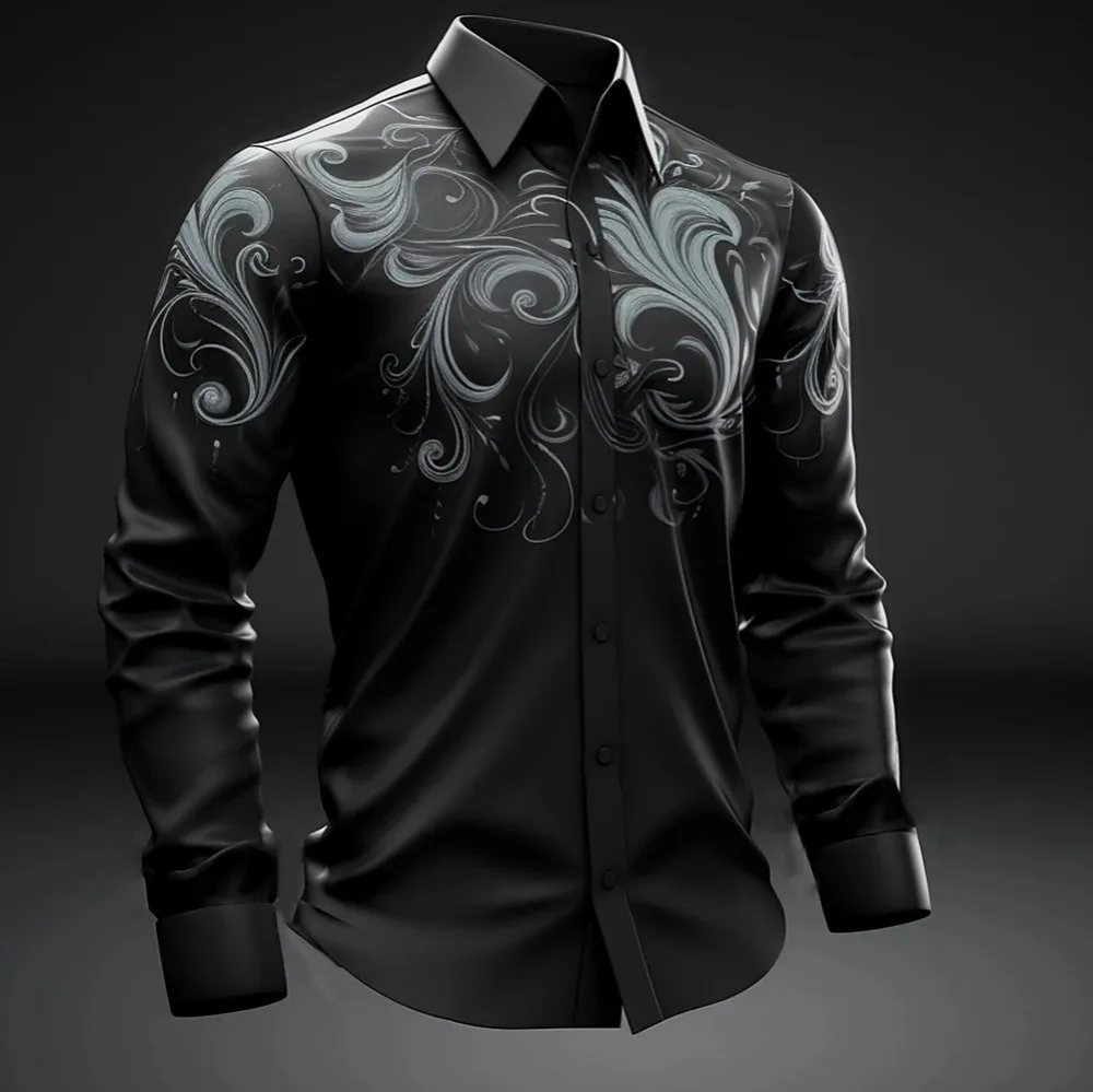 Men's Long-Sleeved Artistic Daily Wear for Going out in Autumn and Winter, Flip over Shirt with Printed Button-Down Collar Shirt