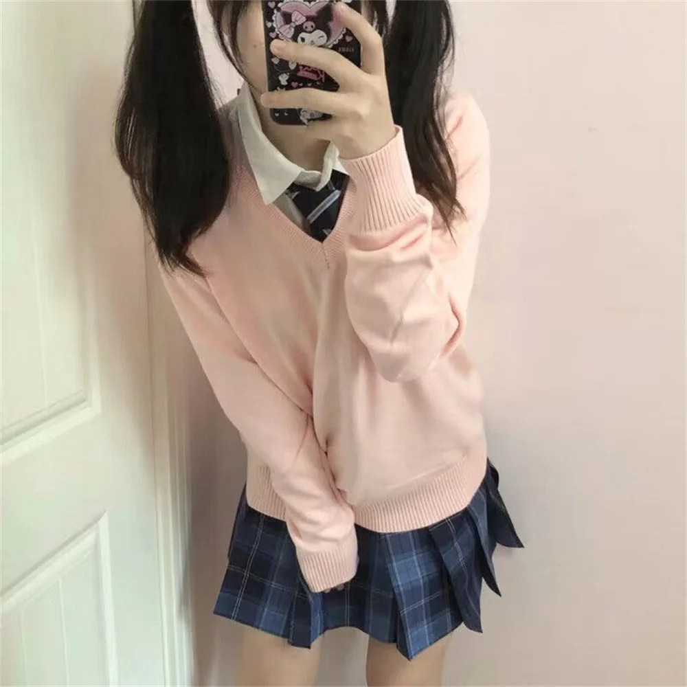 Sweet Pullovers Women Autumn Simple Knitted V-neck Preppy Style Fashion Girls' Cute Sweater Japanese Style All-match Pullovers
