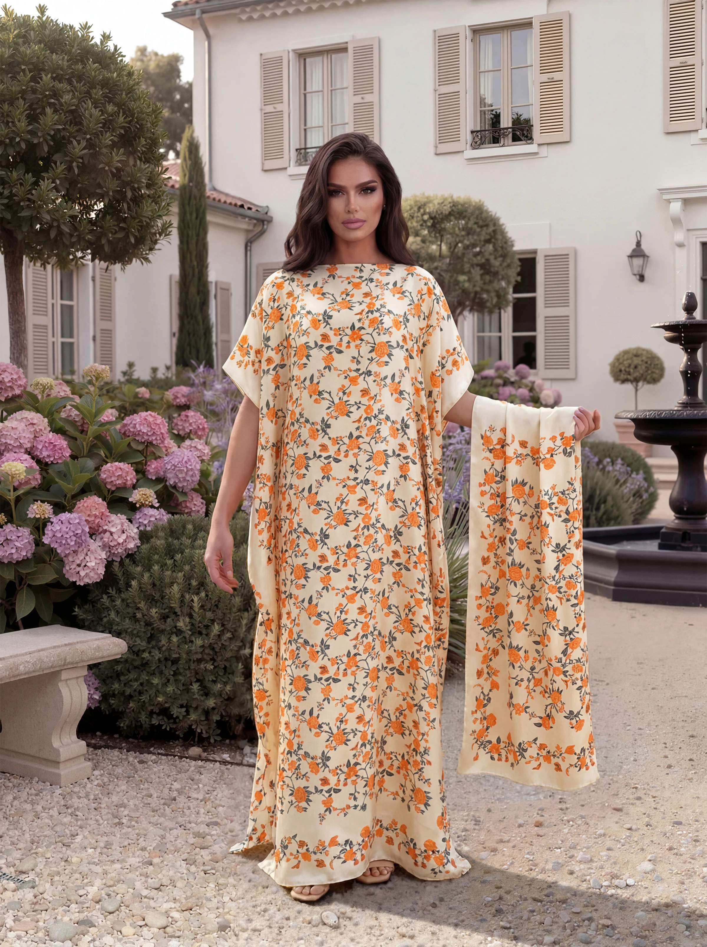 Retro Blossom Long Kaftan for Women, Soft Satin Abaya Dress with Matching Scarf Set