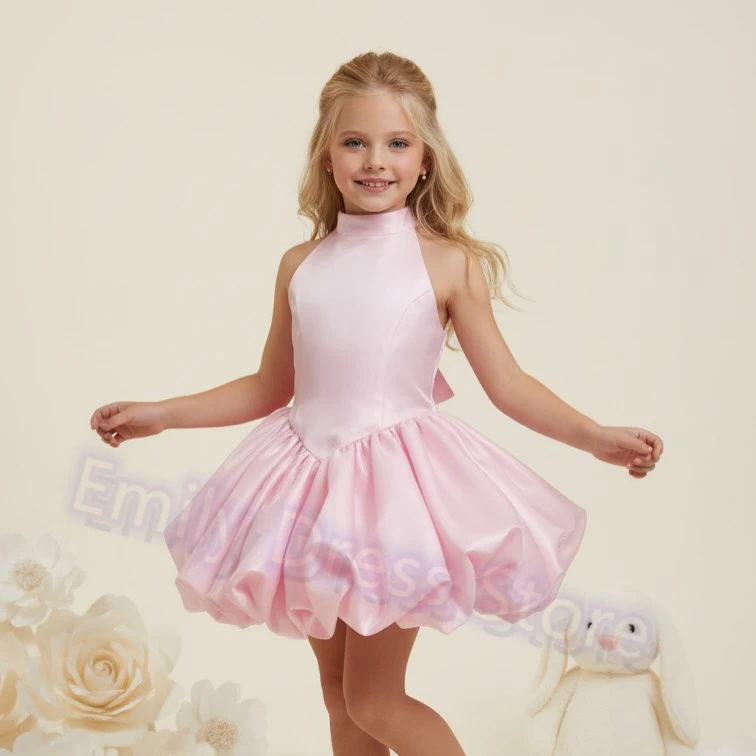 

Customized Pink Flower Girl Dress For Wedding Satin Puffy Knee Length With Bow Mini Kids Birthday First Communion Gown