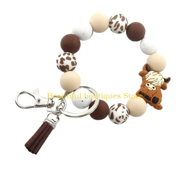 U4LF Versatile Highland Cow Wristlet Keychain Silicone Beaded Holder Keyrings Pendant Accessory for Backpacks and Handbags