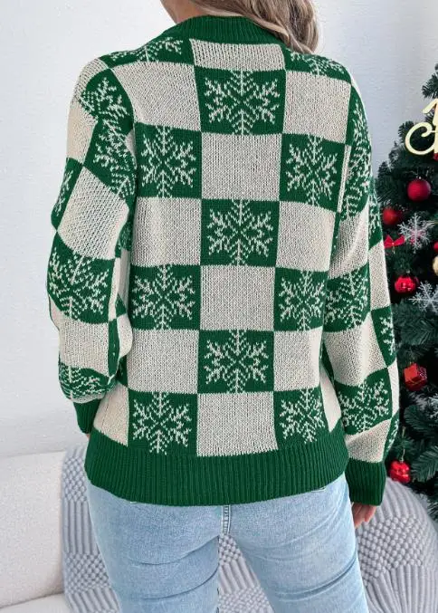 Round Neck Snowflake Checkered Embroidered Pattern Knitted Sweater for Autumn and Winter Women's Casual Knitted Sweater