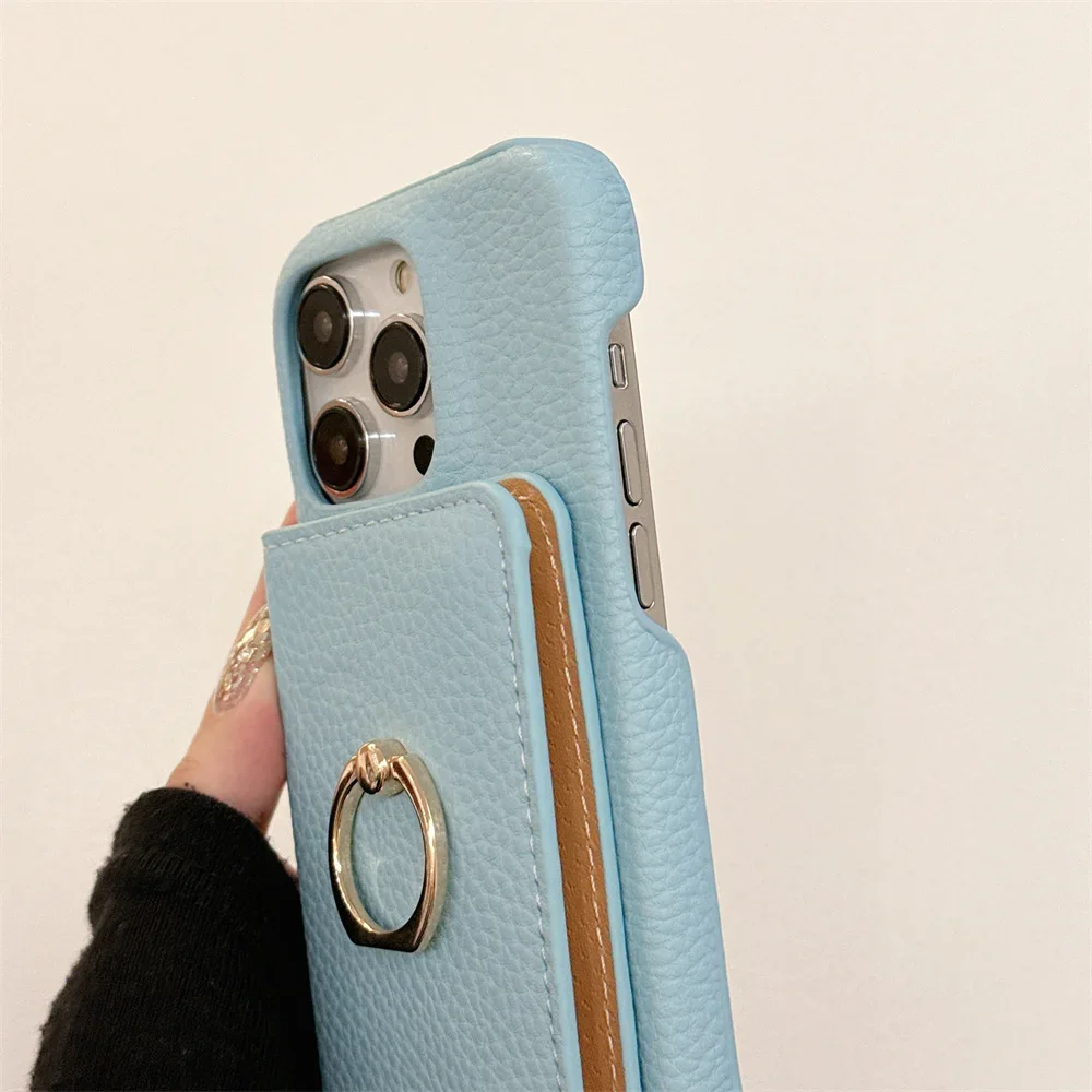 Ring with Card Holder Phone Case for IPhone 15 14 11 Pro Max 13 12 Mini XR XS X Max 8 7 Plus PU Leather Shockproof Shell Cover